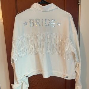 Altar’d State Bride sequin fringe white denim jacket. Size M. Only worn once.